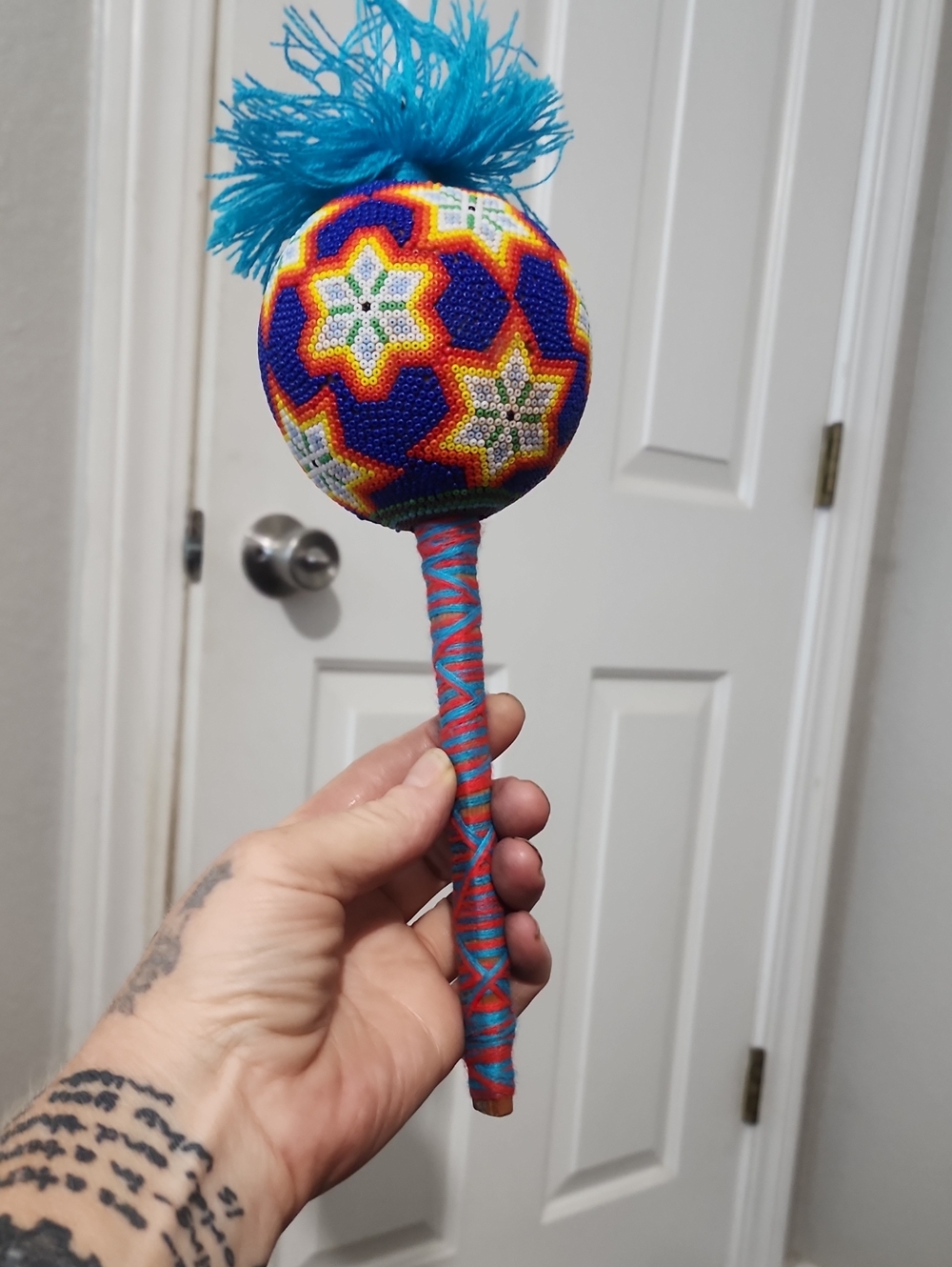 Handcrafted Multicolor Beaded Rattle with Teal Accents By The Huichol Tribe